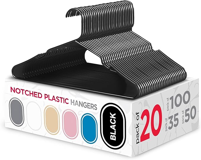 Sharpty Plastic Hangers, 20-Pack, Slim, Space Saving, Heavy Duty, Notched, Durable, Smooth, Fabric-Friendly, Ideal for Clothing, Coats, Shirts, Ties, Belts, Accessories - Black