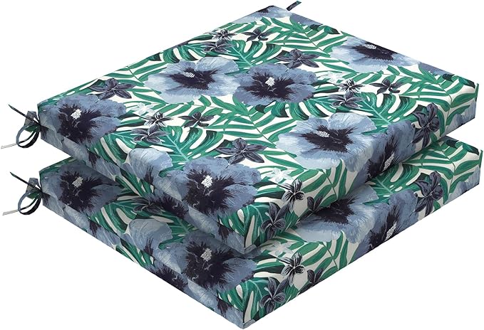 Set of 2 Outdoor Square Chair Cushions 18.5"x16"x2" for Patio, Water Resistant Patio Dining Seat Pads Replacement for Kitchen Garden and Outdoor Furniture Decoration - Blue Salmone Tropical