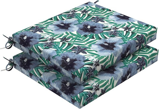 Set of 2 Outdoor Square Chair Cushions 18.5"x16"x2" for Patio, Water Resistant Patio Dining Seat Pads Replacement for Kitchen Garden and Outdoor Furniture Decoration - Blue Salmone Tropical
