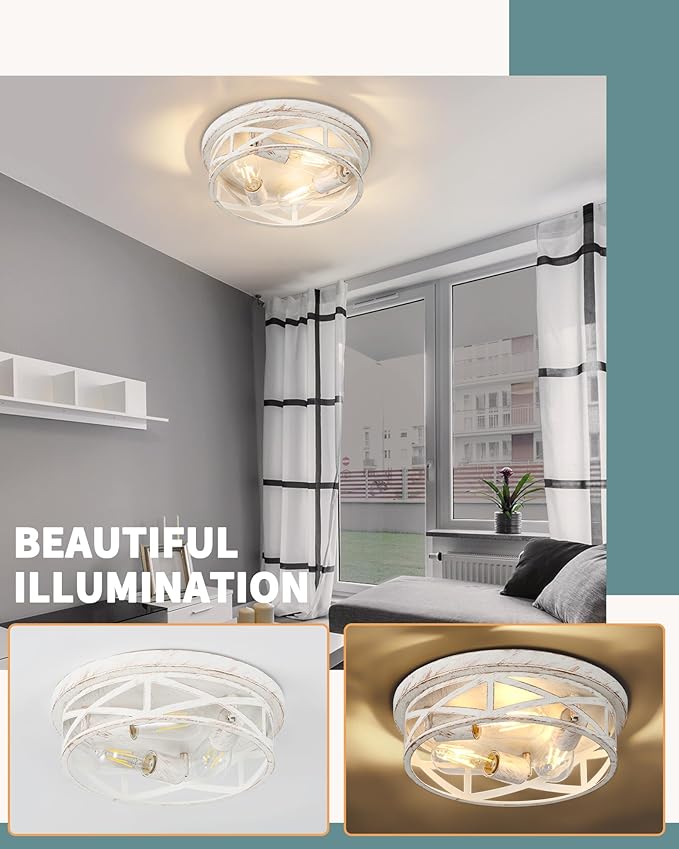 3-Light Cage Ceiling Light Fixtures, Indoor Modern Close to Ceiling Lights, 13 Inch White and Gold Metal Flush Mount Ceiling Lights for Bedroom, Living Room, Kitchen
