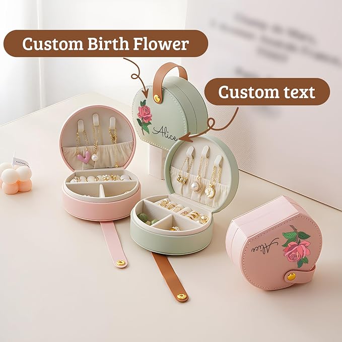 Personalized Travel Jewelry Case, Custom Leather Customized Jewelry Organizer Box w/Name & Birth Flower Month - Birthday Gifts for Women Mom Jewelry Travel Case