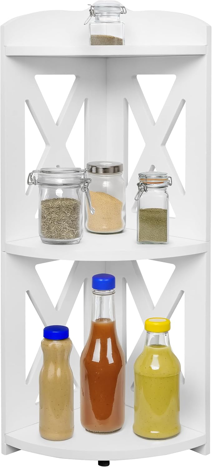 Corner Shelf Stand, Corner Bookshelf, Small Corner Shelves by Natural Wood, Plant Stand, Corner Bookcase for Living Room, Home Office, Bedroom, (White, 3 Tier X)