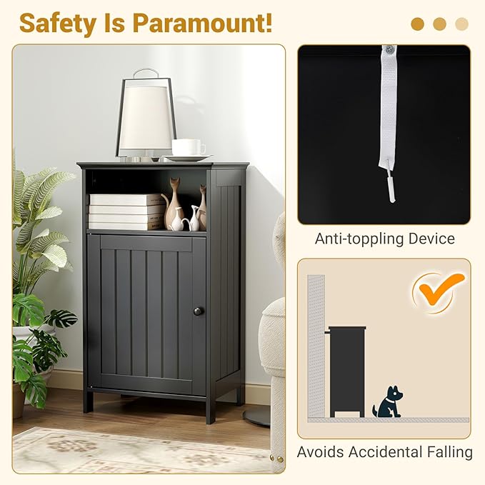 Tangkula Bathroom Storage Cabinet, Freestanding Wooden Single Door Side Floor Organizer with Adjustable Shelf, Small Bathroom Cabinet for Small Spaces, Living Room (Black)