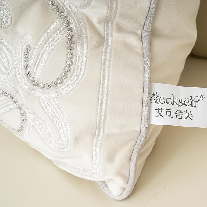 Aeckself European Floral Pillow Cover 18x18 Inch, Luxury Velvet Embroidered Decorative Throw Pillow Cover for Couch Bedroom Living Room, White Silver