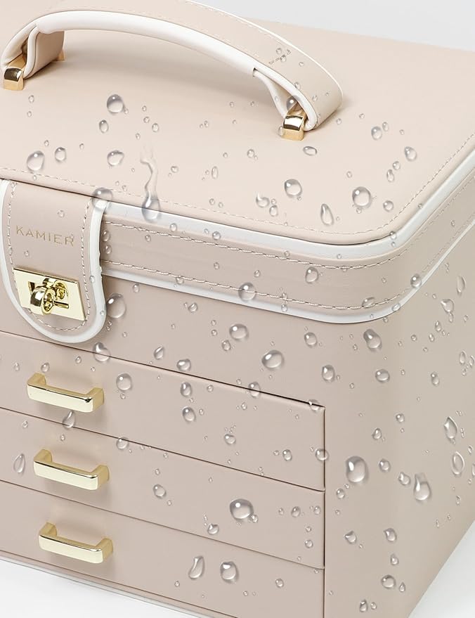 KAMIER Jewelry Organizer Box, 4 Layer Jewelry Organizer with Mirror, 3 Drawers, Large Jewelry Box for Bracelets, Earrings, Rings, Necklaces, Mothers Day Gifts for Loved One, Beige