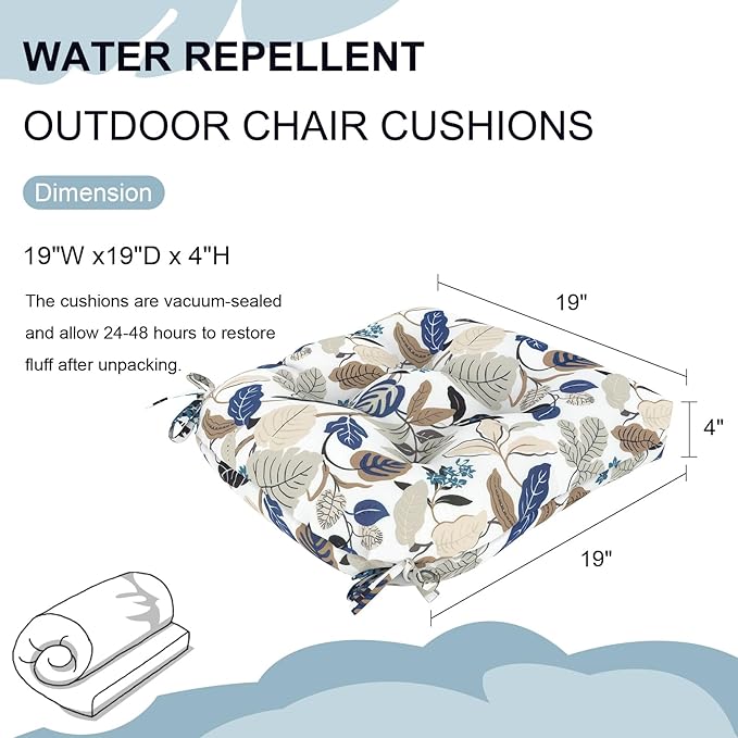 Set of 2 Outdoor Tufted Chair Cushions 19"x19"x4", Water Repellent Patio Seat Cushions with Ties, Replacement Chair Pads for Wicker Dining and Patio Furniture - Breeze Leaves Beige