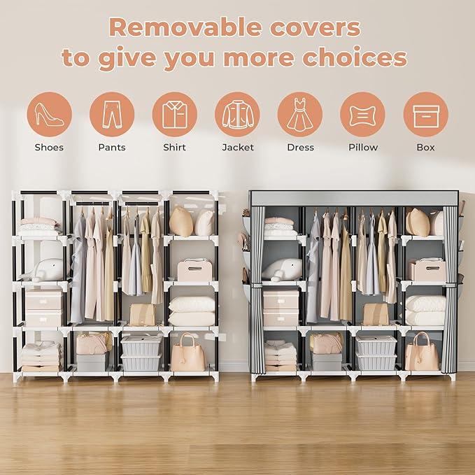 VTRIN Portable Closet, 69 Inch Wide Wardrobe Closet for Hanging Clothes, 19mm Metal Pipe,Sturdy Clothes Rack with Cover, 2 Hanging Rod,12 Shelves, 6 Pocket, Free Standing Closet for Bedroom