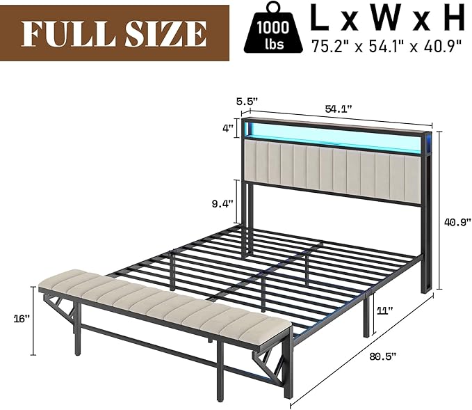 Full Bed Frame with Folding Bench and Charging Station, Velvet Upholstered Headboard with LED Light and Storage Shelf, Heavy Duty Metal Slats/No Box Spring Needed/Easy Assembly, Beige