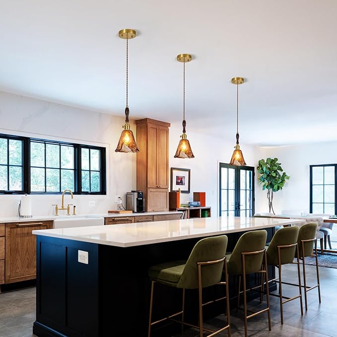 Brown Glass Vintage Pendant Light 6.18" Handmade Glass Pendant Lights Kitchen Island Gold Hanging Light Fixture for Bedroom Dining Room Hotel (1 Pack)