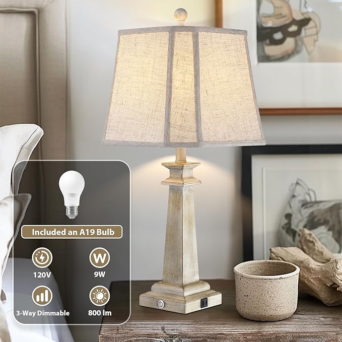 27.5" Table Lamp for Bedroom, 3-Way Dimmable Touch Lamp for Nightstand, Farmhouse Table Lamp for Living Room with USB A+C Charging Ports, Bulb Included (Antique White)