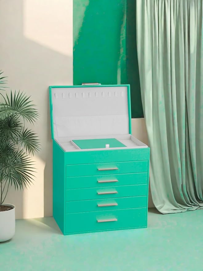 BOOVO Jewelry Box with Necklace Hanger – 6 layer Jewelry Organizer for Women with 5 Drawers, Large Jewelry Storage Boxes –Jewelry Organizers and Storage for Earrings, Necklaces (Turquoise, 6 layer)