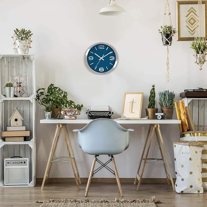 Bernhard Products Wall Clock 10 Inch Modern Silver Round Elegant Metal Quality Quartz, Silent Non Ticking Battery Operated Home Office Clock with 3D Numbers (Silver & Prussian Blue)