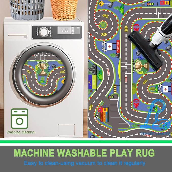 Kids Rug, Race Track Playmat Rugs 118×78 in Kids Carpet with Rubber Backing, Start and Finish line Racing Track Marking Car Road Race 3D Play Mat Nursery Rugs for Children Bedroom Playroom