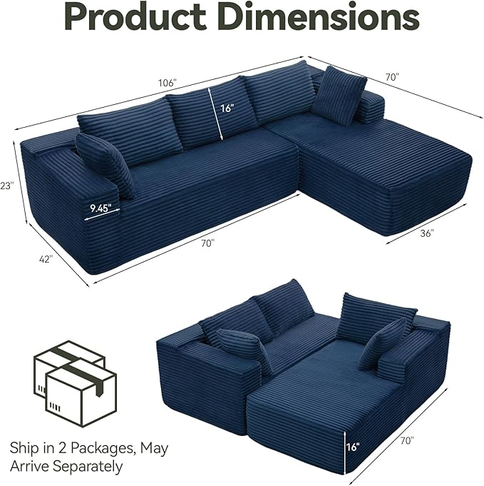Modern Cloud Modular Sectional Sofa with Chaise, 106" L-Shaped Sofa Couch for Living Room, Deep Seat Plush Boneless Couches, Includes Pillows, Left Chaise, Blue