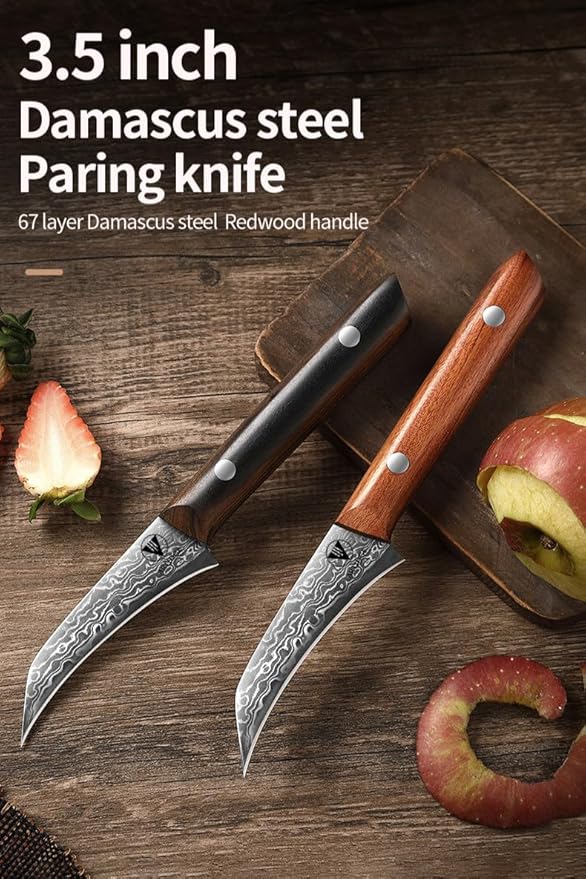 3.5" Paring Knife Damascus Steel Peel Chef Knife - 67-Layer Forged Fruit/Vegetable Knife with Natural Solid Wood Handle, 15° Double-Edged Blade, Ultra-Sharp & Corrosion Resistant