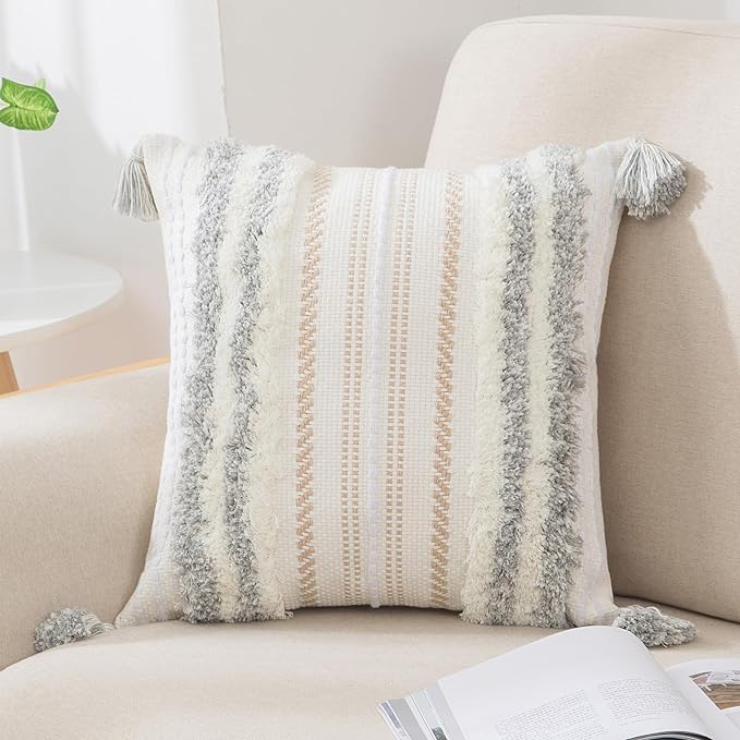 decorUhome Decorative Boho Throw Pillow Cover 20x20, Accent Neutral Textured Tufted Pillow Cover Striped for Couch Bed Sofa, Light Grey and Cream White, Pack of 1