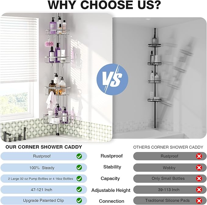Corner Shower Caddy Tension Pole: Stainless Steel Rustproof 4-Tier Shower Organizer - 47-121 inch Adjustable Bathroom Shelves for Bathtub Shampoo Storage - Tension Rod Floor Standing Bath Rack -Silver