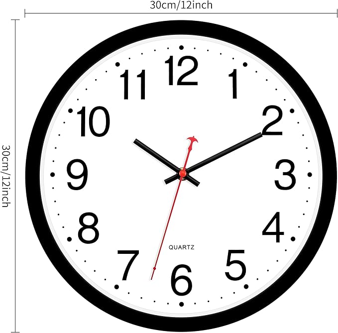 Foxtop Black Wall Clock Silent Non-Ticking 12 Inch Quartz Battery Operated Round Analog Wall Clock for Classroom School Office Living Room Bedroom Home
