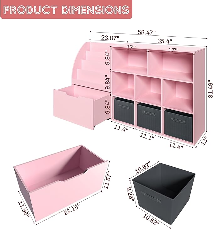 Kids Bookshelf and Toy Storage, Toy Storage Organizers with Movable Drawers & 3 Storage Bins, Kids Reading Nook Toy Organizers Shelf with 5 Cubbies, Pink