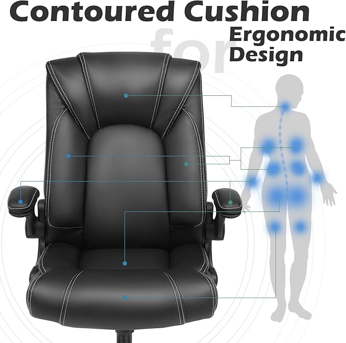 OUTFINE Flip-up Arms Office Chair 300lbs Executive Chair Swivel Office Chair with hydrolysis-Resistant Leather Spring Cushion Thick Padding and Ergonomic Design (Black, Flip Arm Medium)