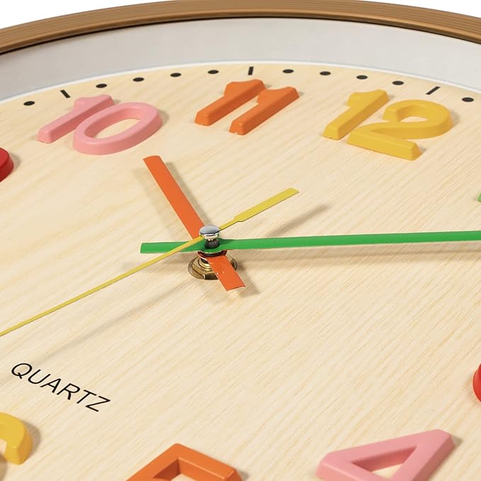 Foxtop Silent Kids Wall Clock Non-Ticking Battery Operated Colorful Childrens Clock for Classroom Playroom Nursery Bedrooms Kids Room (3D Numbers, 12 inch)