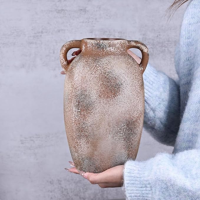 Rustic Farmhouse Ceramic Vase, 9.8" Tall Vintage Pottery Vases, Terracotta Decorative Boho Pampas Flower Vase, Suitable for Home Decor Living Room Entryway Table Bookshelf Mantle Shelf Decor