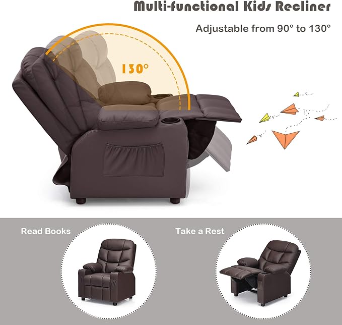 Costzon Kids Recliner Chair with Cup Holder, Adjustable Leather Lounge Chair w/Footrest & Side Pockets for Children Boys Girls Room, Ergonomic Toddler Furniture Sofa, Kids Recliner (Brown)