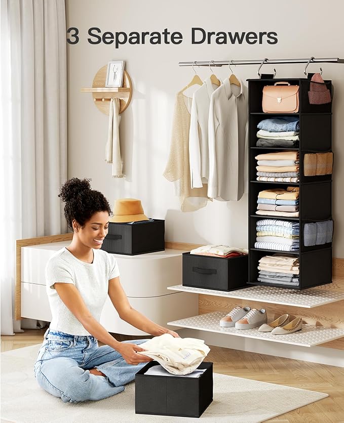 Pipishell Hanging Closet Organizer 6-Shelf, Hanging Shelves for Closet with 3 Removable Drawers & Side Pockets, Hanging Shelf Organizer for Bedroom or Garment Rack, 12'' x 12'' x 43.3'', Black