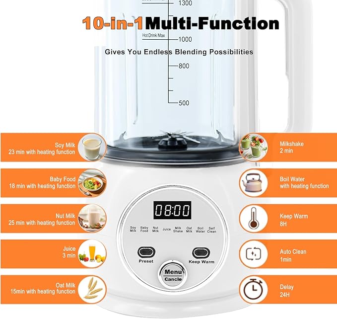 51oz Automatic Nut Milk Maker,10 in 1 Soy Milk Maker Machine 20 Blades,Baby Food Maker,Plant Based Milks Homemade Oat,Juice,Almond Milk Machine with Delay Start 24H,Boil Water,Keep Warm 8H&Auto Clean