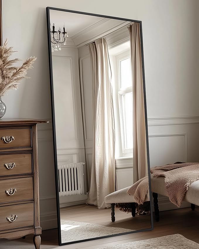 Antok Full Length Mirror, 58"x21" Floor Mirror with Stand, Hanging Mounted Mirrors for Bedroom, Living Room, Cloakroom, Dining Room, Black, Rect