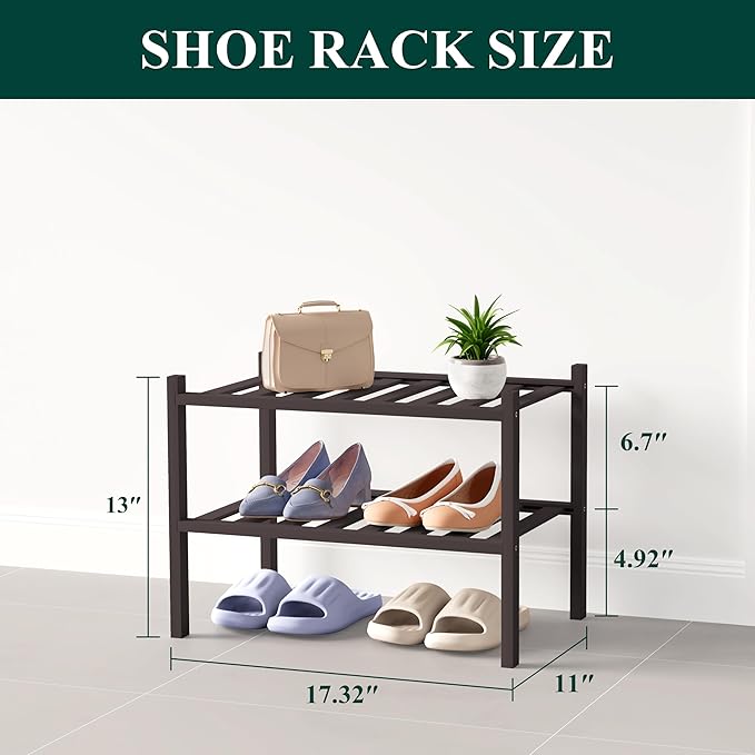 Smiry Bamboo Shoe Rack for Closet, 2 Tier Small Wooden Stackable Shoe Organizer, Free Standing Shoes Storage Shelf for Entryway, Front Door Entrance, Brown