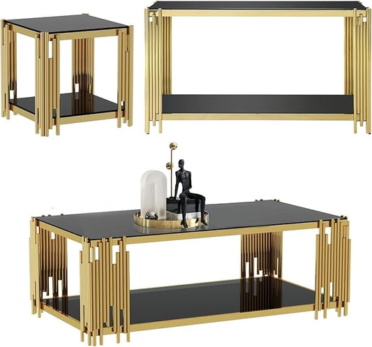 3 Pieces Glass Living Room Table Set Modern Coffee Table Console Table End Table Set with Storage 2-Tier Glass Gold Coffee Table Set w/Stainless Steel Frame for Apartment Home Office