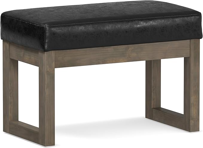 SIMPLIHOME Milltown 27 inch Wide Contemporary Rectangle Footstool Ottoman Bench in Distressed Black Vegan Faux Leather, Assembled, For the Living Room and Bedroom