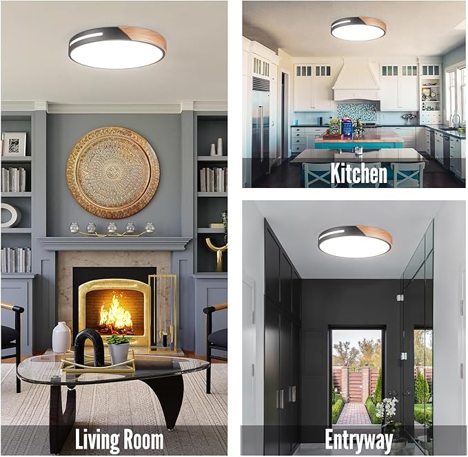 Wood Ceiling Light Flush Mount LED 36W, 16 inch Flush Mount Black, Kitchen Light Fixtures Ceiling Mount, Dimmable Close to Ceiling Light for Bedroom, Living Room, Bathroom