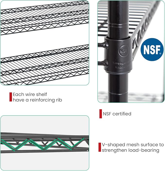 PayLessHere Commercial Grade 6 Tier Adjustable Storage Shelf Heavy Duty Metal Shelf NSF Certified Wire Shelving Unit with Wheels 6000LBS Capacity 18" D x 48" W x 72" H,Black