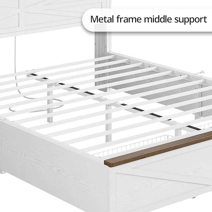 IRONCK Farmhouse Full Size Bed Frame with LED Light and Charging Station, Wood Bed Frame with Storage Headboard and 2 Drawers， Barn Door Design, Sturdy and Noiseless, White