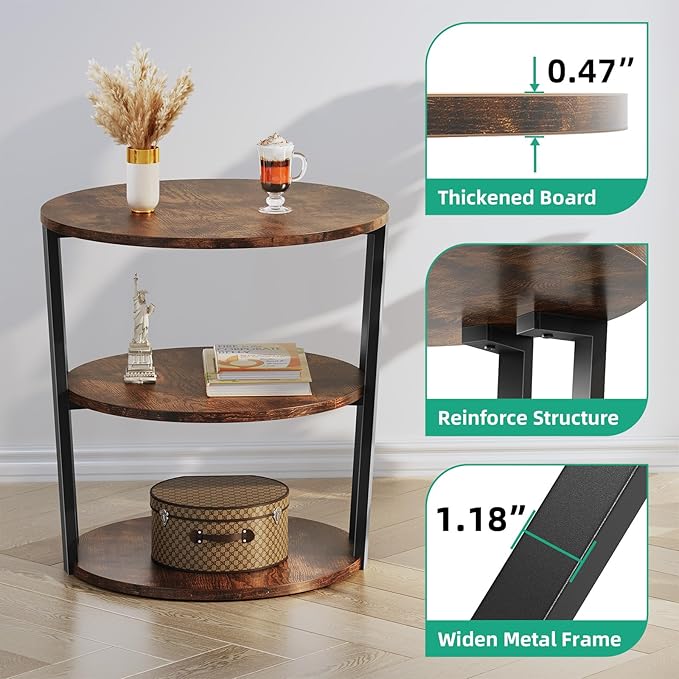 Rotating Round Side Table, 3-Tier End Table with Metal Frame, Nightstand for Small Spaces, Side Table Living Room Bedroom Sofa Bathroom, Vintage Brown