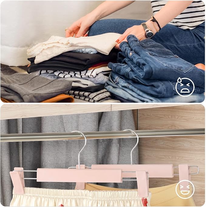 Clothes Pants Hangers, Space-Saving Skirt Holders with 360 ° Swivel Hooks, Adjustable Clips, Trouser Hangers, Clothes Coat Garment Jeans Hangers (10 Pack, Pink)