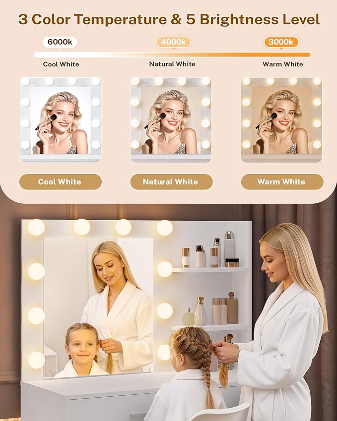 Lighted Makeup Vanity Desk, 35.4“W x 15.7'”D x 54“H, White (with Lights and Mirror, Dimming Function, 2 Drawers and 1 Cabiniet, Open Shelves) by Boahaus