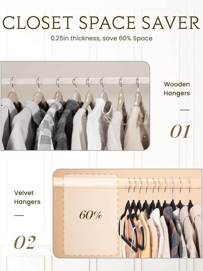 Smartor Velvet Hangers 40 Pack, Non Slip Clothes Felt Hanger Heavy Duty for Coat, Premium Slim Space Saving Suit Hangers for Closet Organizer, 360° Rotating Silver Hook Black