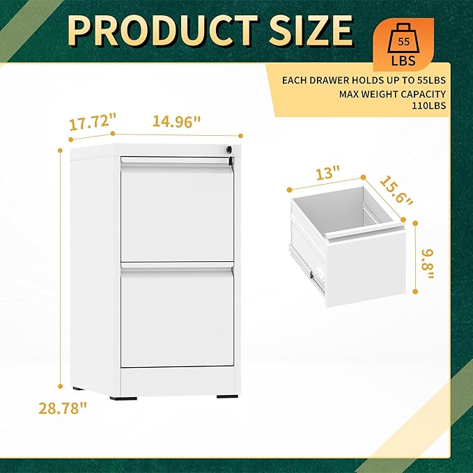 2 Drawer File Cabinet with Lock, Steel Vertical Filing Storage Cabinet for Home Office, Heavy-Duty File Cabinets for Letters/Legal/A4 (Require Assembly, White)