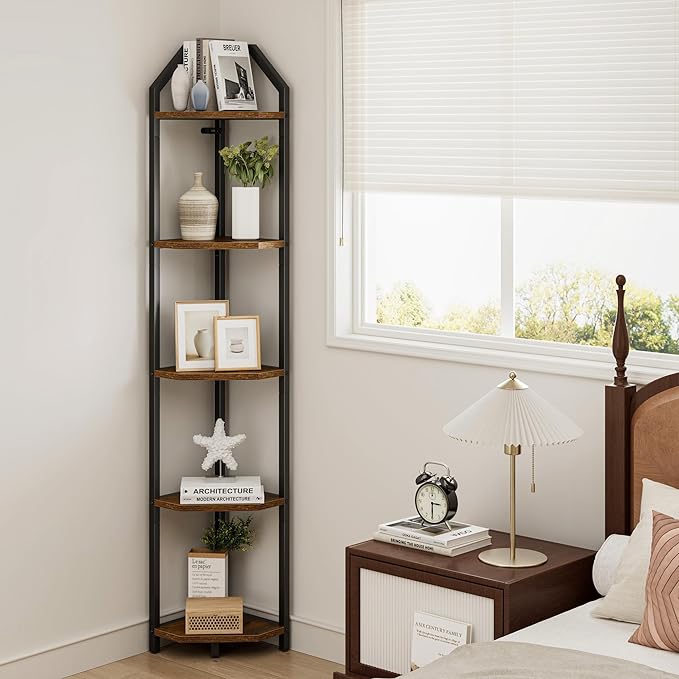 5-Tier Corner Shelf | 70 Inch Tall Bookshelf & Plant Stand, Heavy Duty Storage for Home Office & Living Room - Brown