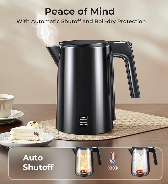 Electric Kettle, 1.0L 1200W Fast Heat with Auto Shut-Off, Boil-Dry Proof, 7 Temperature Control Teapot, Double Wall Stainless Steel Water Boiler Heater, 4H Keep Warm, Cool Touch Coffee Tea Pot, Black