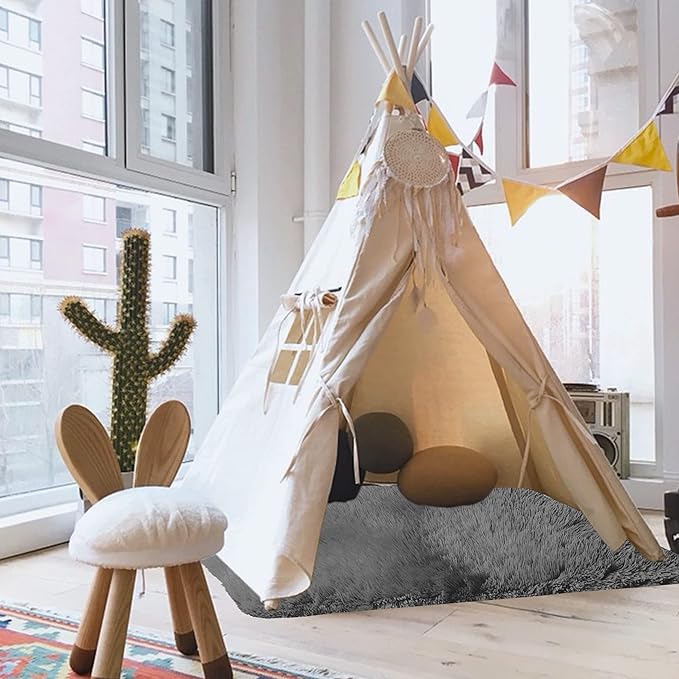 TTLOJ Rectangle Rug for Play Tent, Decorative Area Rug, Fluffy Soft Mat Pad for Kids' Playhouse, Nursery, Children's Room Decor, Dormitory Velvet 50.5" Lx38.5" W Gray