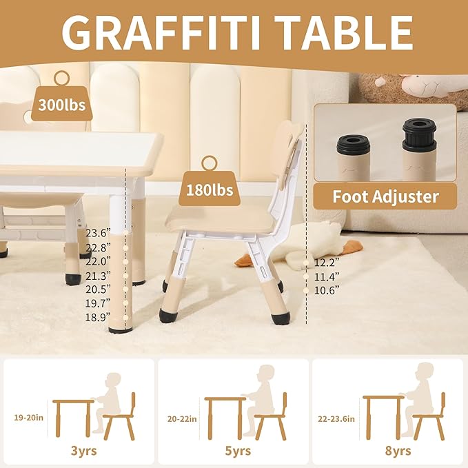 Toddler Table and Chairs, Kids Table and 4 Chairs Set with Graffiti Desktop, Height-Adjustable Kids Study Table for Boys and Girls Aged 3-8, Max 300lbs