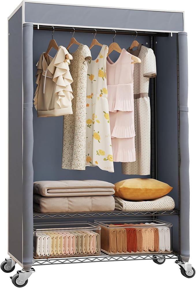 H4 Heavy Duty Clothes Rack with Cover, Rolling Garment Rack, Wardrobe with Cover and Wheels, Closet Organizer Shelf, Portable Closet Organizer and Storage, Black Clothing Rack with Grey Cover