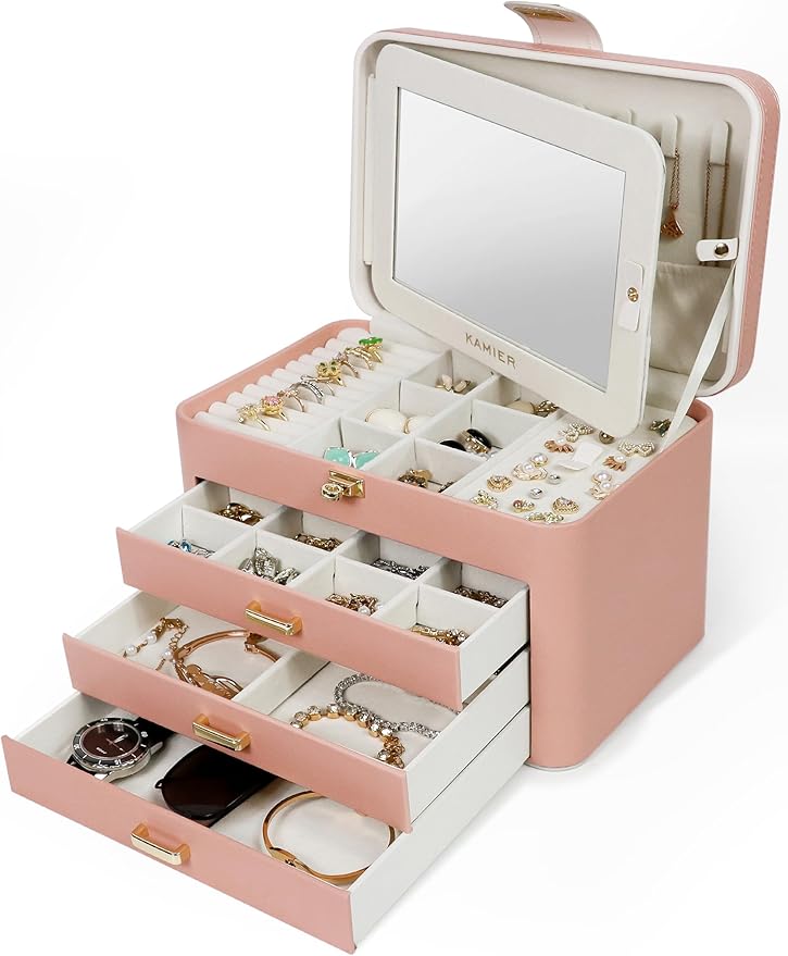 KAMIER Jewelry Organizer Box for Women - 4 Layer Drawer Jewellery Storage with Lock and Mirror - Jewelry Case for Necklaces Rings Bracelets Earring Holder Organizers (Pink)