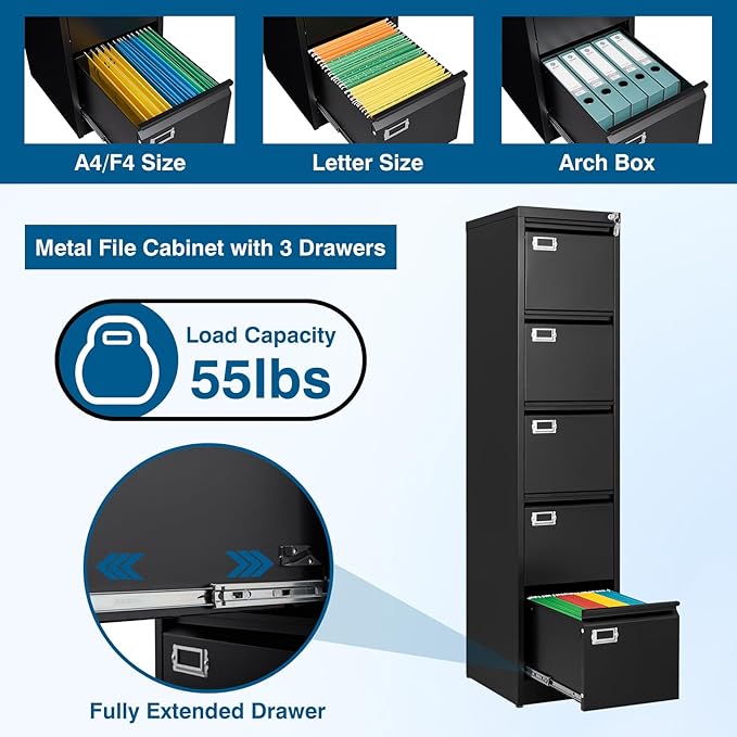 5-Drawer File Cabinet, 16.3" Deep Vertical Metal Filing Cabinet with Lock for Home Office, Anti-Tip 5 Storage Drawers for Letter/Legal/A4/F4 Size (Assemble Required, Black)