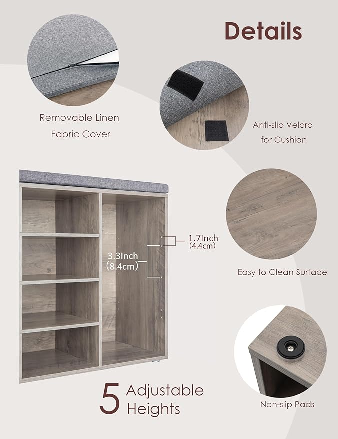 DINZI LVJ Shoe Storage Bench with Cushion, 14-Cubby Shoe Rack, Adjustable Shelves, Multifunctional Shoe Organizer Bench for Entryway, Mudroom, Hallway, Living Room, Bedroom and Garage, Greige