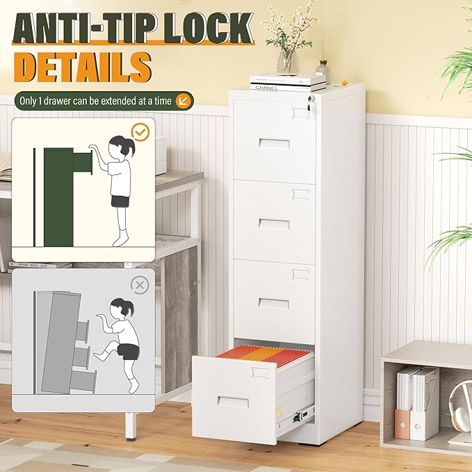 Greenvelly 4 Drawer File Cabinet with Lock, White Metal Vertical Filing Cabinet for Home Office Fit Legal/Letter/A4/F4 Size with Hanging Bars&Key